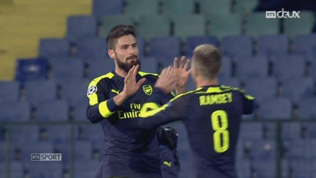 (4e j) Ludogorets Razgrad (BUL) - Arsenal (2-3). Menés 2-0, Arsenal revient à 2-1 par Xhaka, puis gagne grâce à Özil et Giroud