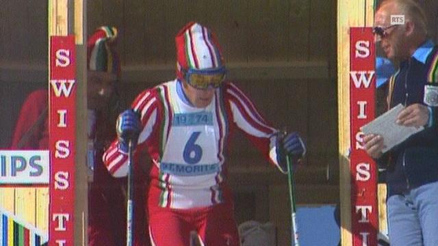 Gustavo Thöni au départ du slalom des mondiaux de St-Moritz en 1974. [RTS]