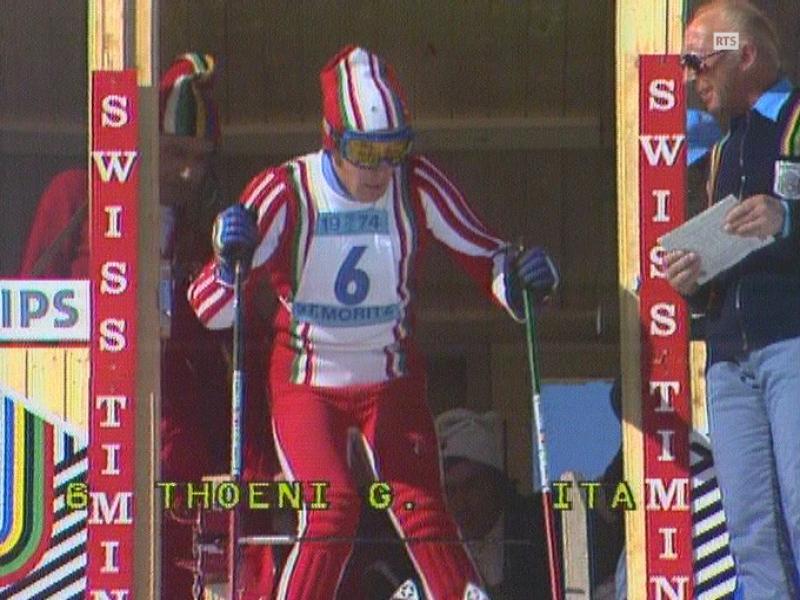 Gustavo Thöni au départ du slalom des mondiaux de St-Moritz en 1974. [RTS]