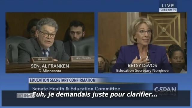 Mise sur le gril par un sénateur démocrate lors de son audition en janvier dernier, Betsy DeVos éprouve quelques difficultés à répondre à une question basique sur l'éducation aux Etat-Unis.