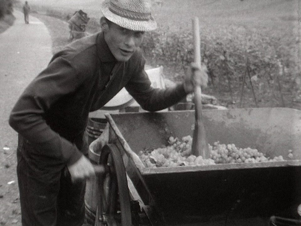 Vigneron avec une fouleuse pour les raisins en 1968 à Neuchâtel. [RTS]