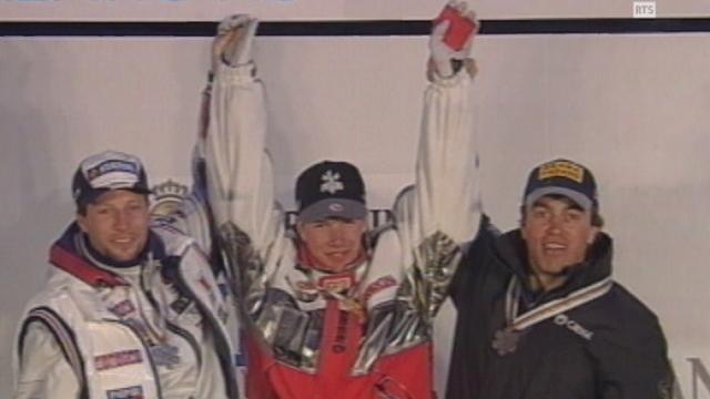 Le podium de la descente messieurs de Sestrières 1997. [RTS]