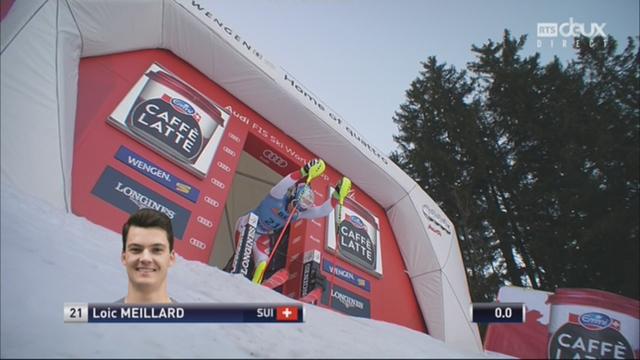 Wengen (SUI), 1re manche de slalom: Loic Meillard (SUI) part à la faute en tout fin de manche