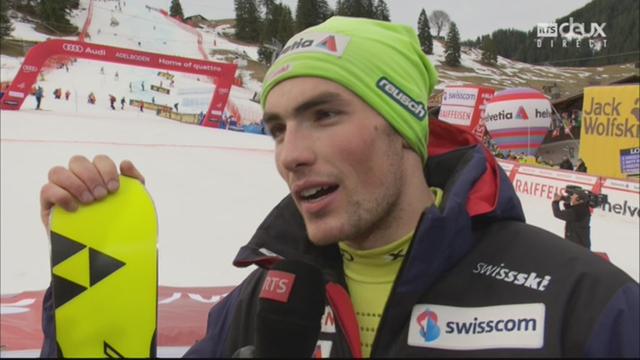 Adelboden (SUI), slalom masculin, 2e manche: Daniel Yule (SUI) à l'interview