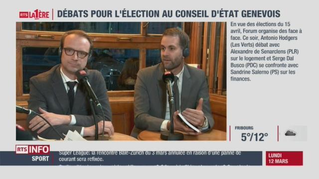 Elections cantonales genevoises : Le débat entre Antonio Hodgers (Les Verts) et Alexandre de Senarclens (PLR)