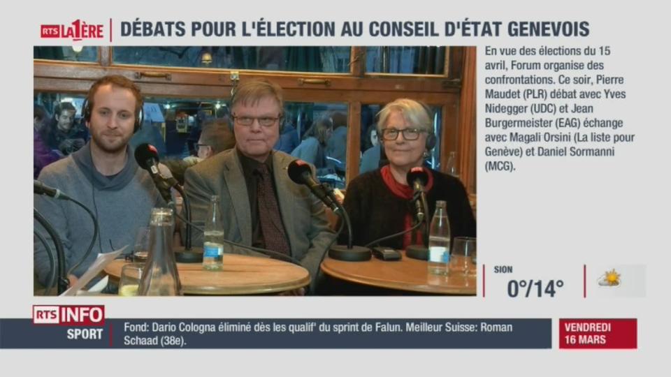 Elections cantonales genevoises : Le débat entre Jean Burgermeister (EAG), Magali Orsini (Liste pour Genève) et Daniel Sormanni (MCG)