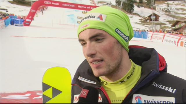 Adelboden (SUI), slalom masculin, 1re manche: la réaction de Daniel Yule (SUI)