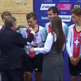 Cyclisme piste, poursuite par équipe messieurs: l'équipe de Suisse reçoit sa médaille d'argent
