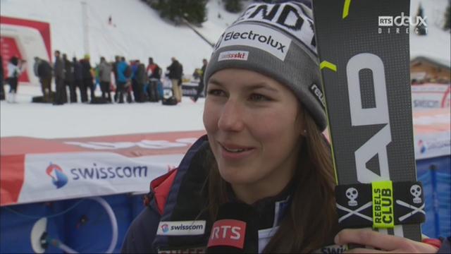 Lenzerheide (SUI), Slalom dames, 2e manche: Wendy Holdener (SUI) au micro de la RTS après sa 3e place
