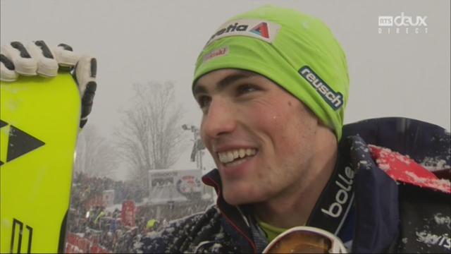 Kitzbuehel (AUT), slalom messieurs 2e manche: la joie de Daniel Yule (SUI) après sa 3e place