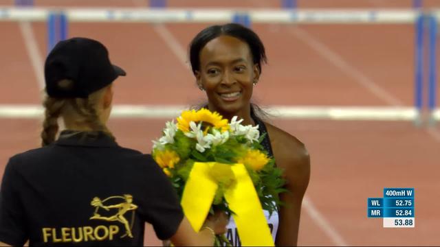 Weltklasse Zurich, 400m haies dames : Muhammad (USA) prend la première place, Sprunger (SUI) 6e