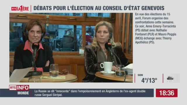 Elections cantonales genevoises : Le débat entre Anne-Emery Torracinta (PDS) et Nathalie Fontanet (PLR)