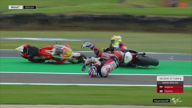 GP d'Australie (#17), Moto2: violente collision entre Aegerter (SUI) et Chantra (THA)