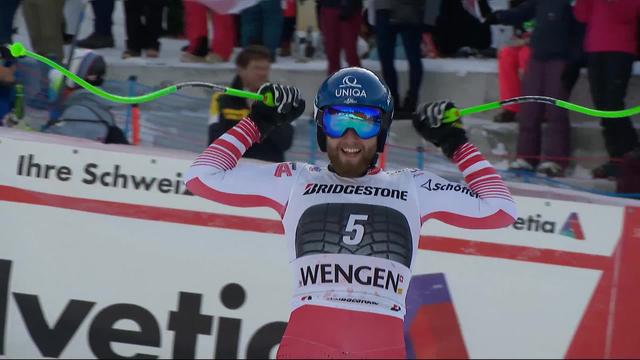 Wengen (SUI), descente du combiné messieurs: Marco Schwarz (AUT) premier derrière les Français Muffat-Jeandet et Pinturault