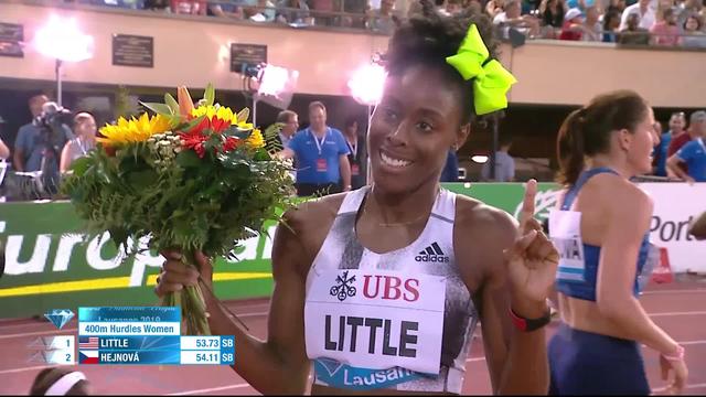 Lausanne (SUI), 400m haies dames: victoire de Little (USA), Sprunger (SUI) 5e