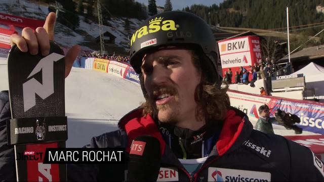 Adelboden (SUI), 2e manche slalom messieurs: Marc Rochat (SUI) à l'interview après sa course