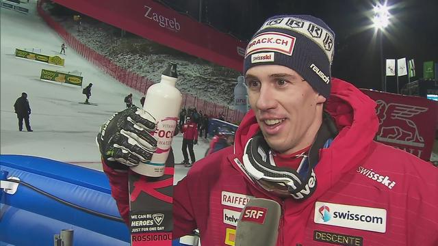Zagreb (CRO), slalom messieurs 2e manche: Ramon Zenhaeusern (SUI) à l'interview