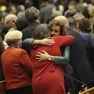 Les parlementaires européens saluent avec émotion leurs collègues britanniques. [AP EPA POOL / Keystone - Francisco Seco]