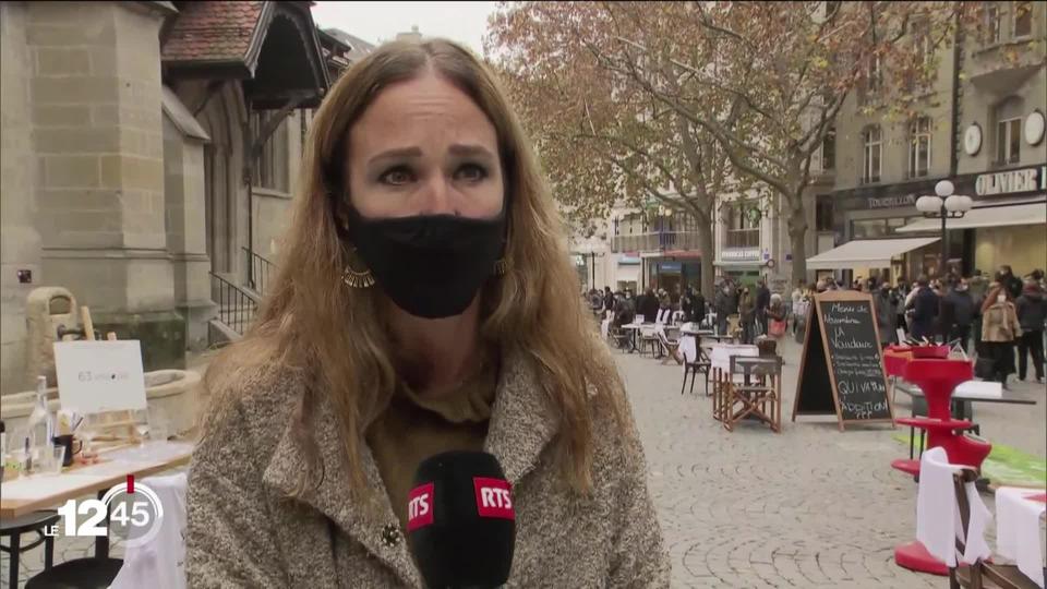 Manifestation des cafetiers restaurateurs vaudois au centre de Lausanne. Les explications de Frédérique Beauvois