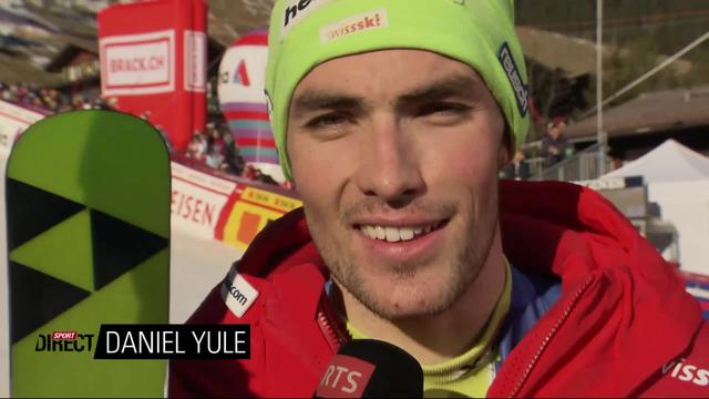 Adelboden (SUI), 1re manche slalom messieurs: Daniel Yule (SUI) au micro de la RTS