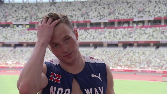 Athlétisme,400m haies messieurs: Warholm (NOR) à l'interview après son exploit
