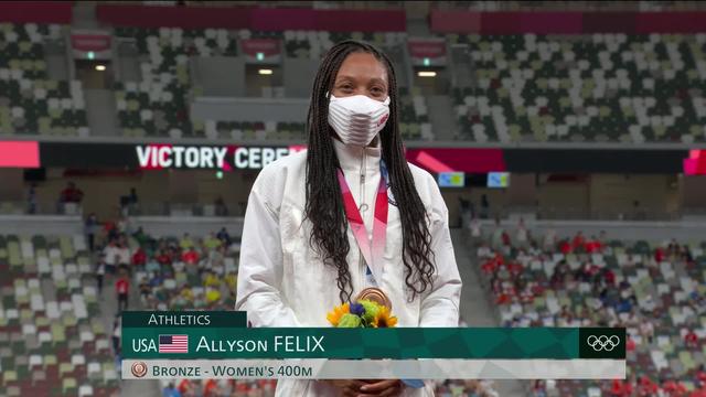 Athlétisme, 400m dames: à 35 ans, Allyson Felix (USA) décroche le bronze et devient l’athlète la plus médaillée des Jeux avec cette 10e médaille!