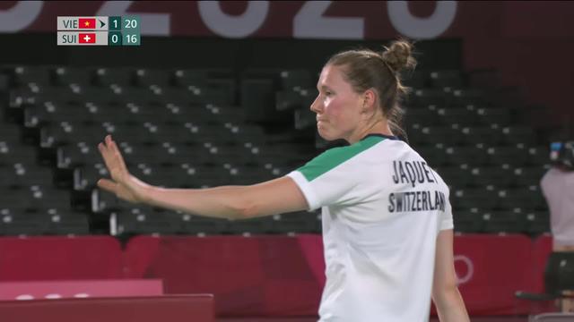 Badminton, phase préliminaire dames: Sabrina Jaquet (SUI) s'incline lors du dernier match olympique de sa très belle carrière