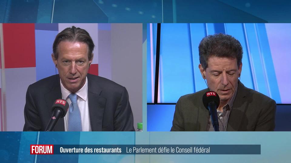 Le Parlement défie le Conseil Fédéral sur l’ouverture des restaurants: débat entre Christian Lüscher et Roger Nordmann