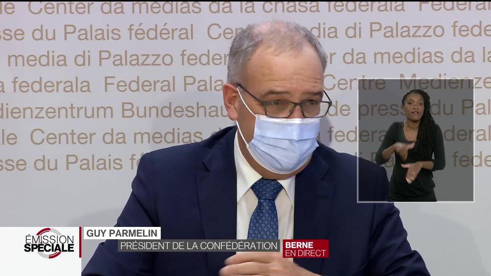 L'intervention de Guy Parmelin en conférence de presse le 12 mai 2021. [RTS]