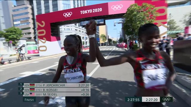 Athlétisme, marathon dames: Jepchirchir (KEN) remporte l'or devant Kosgei (KEN) et Seidel (USA)