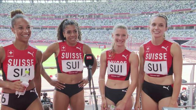 Athlétisme, 4 x 100 relais dames: les Suissesses au micro de la RTS après leur qualification à la finale