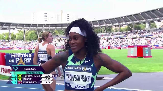 Paris (FRA), 100m dames : Mujinga Kambundji (SUI) 5e, victoire d’Elaine Thompson-Herrah (JAM)