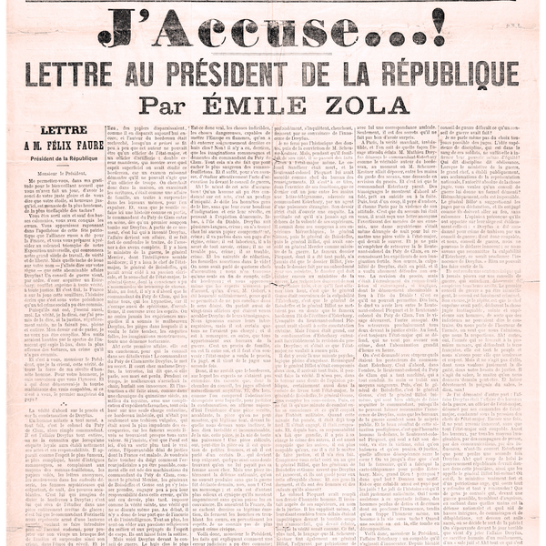 J'accuse_Émile_Zola [CC-BY-SA 2.0 Wikipedia commons - Affaire Dreyfus : Émile Zola « J’Accuse...! Lettre au président de la République », L’Aurore (1898)]