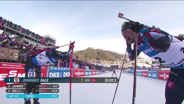 Grand-Bornand (FRA), Mass start messieurs (15km): Johannes Dale (NOR) devance son compatriote Laegreid au sprint, le leader du général J. T. Boe (NOR) 3e