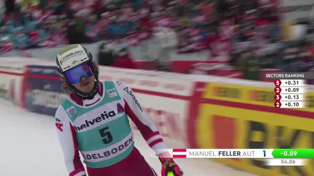 Adelboden (SUI), slalom messieurs, 1re manche: Manuel Feller (AUT) domine la 1re manche avec son coéquipier Fabio Gstrein (AUT)
