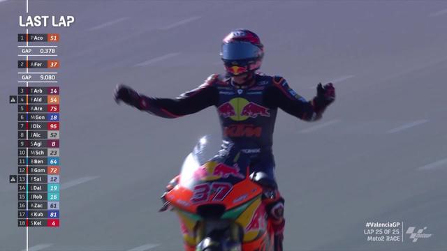 GP de Valence, Moto 2 (#20): victoire d'Acosta (ESP) devant Fernandez (ESP) 2e. Fernandez (ESP) remporte le titre de champion du monde Moto2