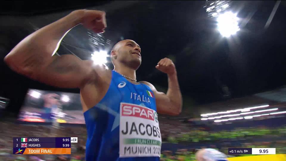 Athlétisme, 100m messieurs, finale: Jacobs (ITA) sacré en 9.95, Hughes (GBR) 2e et Azu (GBR) 3e