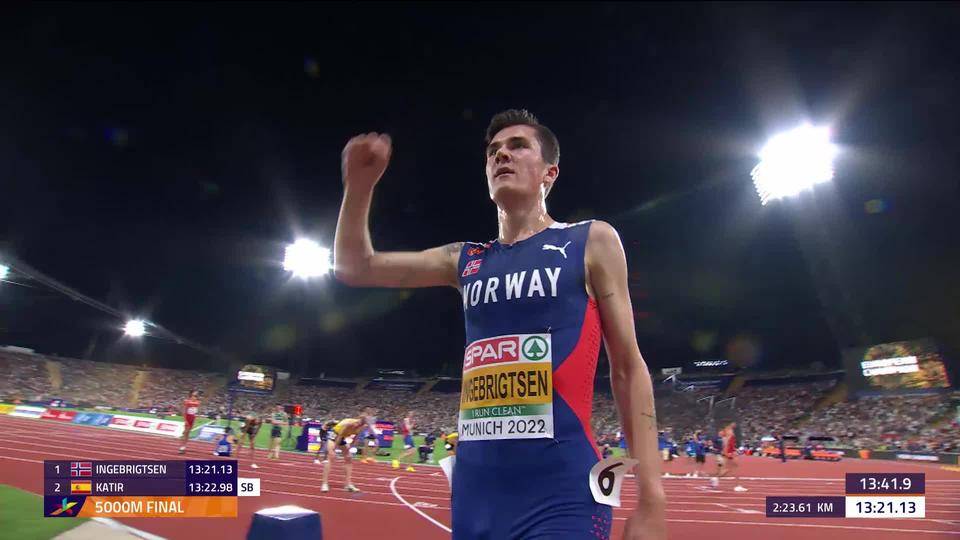 Athlétisme, 5000m messieurs, finale: Jakob Ingebrigsten (NOR) étoffe son palmarès d’un nouveau titre continental, Raess (SUI) 13e