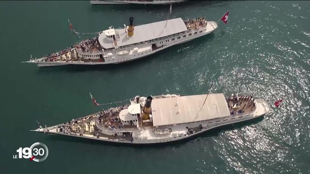 Sept bateaux historiques de la CGN naviguent sur le lac Léman. Parade navale après deux ans de pandémie