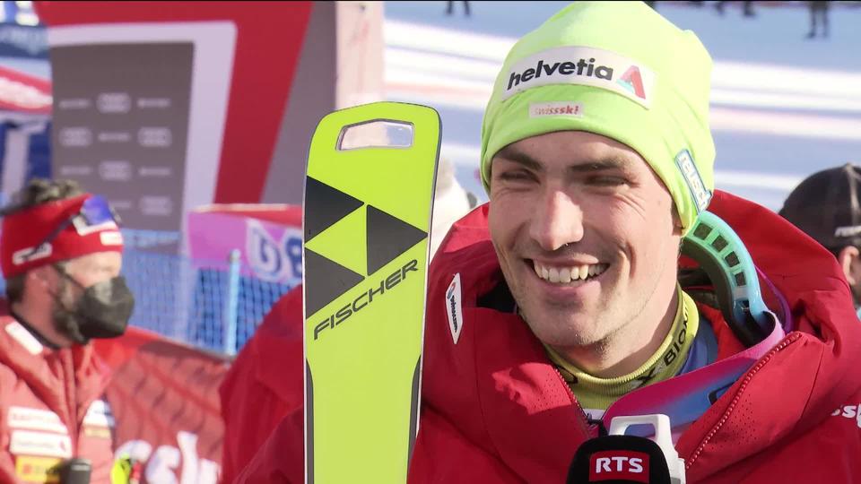 Wengen (SUI), slalom messieurs, 2e manche: la joie de Daniel Yule (SUI) au micro de la RTS