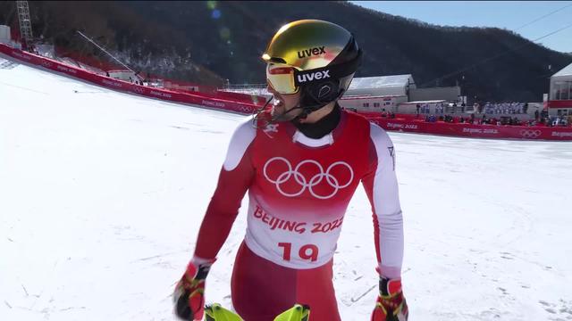 Slalom messieurs, 1re manche: Johannes Strolz (AUT) bat pour 2 centièmes Kristoffersen (NOR) et prend la tête de la course