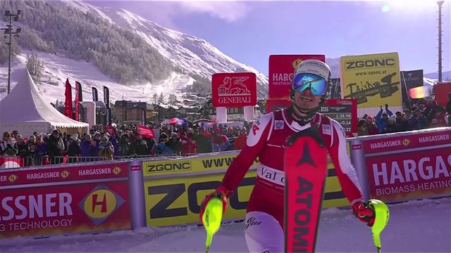 Val d'Isère (FRA), Slalom messieurs, 2e manche: Manuel Feller (AUT) sur le podium