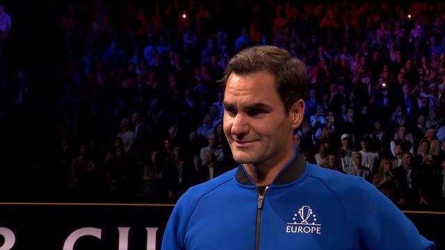 Londres (GBR), R. Federer (SUI)-R. Nadal (ESP) – J. Sock (USA)-F. Tiafoe (USA) (6-4, 6-7, 9-11): Roger Federer à l'interview après son dernier match