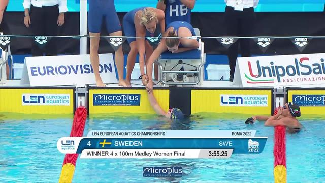Rome (ITA): 4x100m 4 nages, finale dames: Sjöström offre le titre à la Suède, la France et les Pays-Bas respectivement 2e et 3e