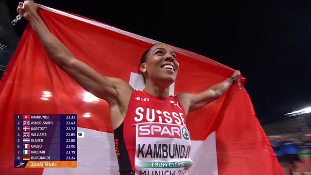 Athlétisme, 200m dames, finale: Kambundji reine du demi-tour de piste, Asher-Smith (GBR) 2e et Karstoft (DEN) 3e complète le podium