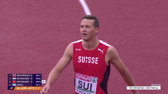 Athlétisme, 4x100m messieurs: le relais suisse termine 3e et se qualifie pour la finale