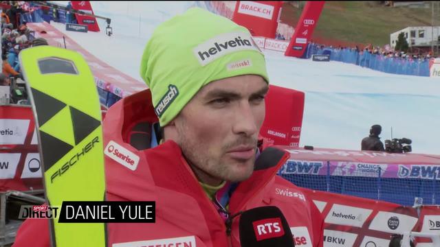 Adelboden (SUI), slalom messieurs, 2e manche: Daniel Yule (SUI) au micro de la RTS