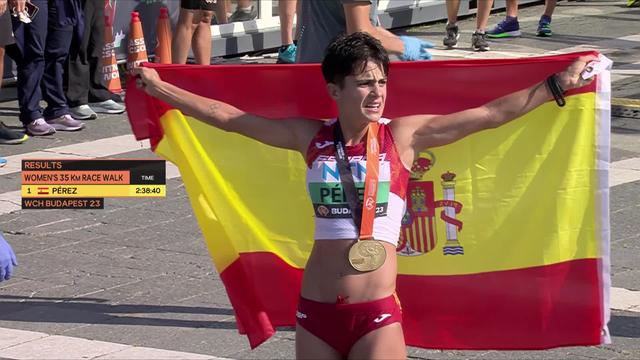 Budapest (HUN), 35km marche dames: Maria Perez (ESP) s'impose avec plus de deux minutes d'avance sur Kimberly Garcia Leon (PER), Antigoni Ntrismpioti (GRE) complète le podium