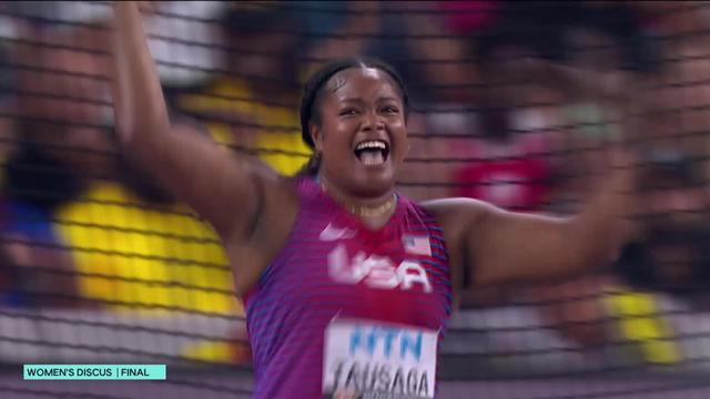 Budapest (HUN), disque dames, finale: Tausaga (USA) améliore son record personnel de plus de 4m (69.49m) et s'offre l'or