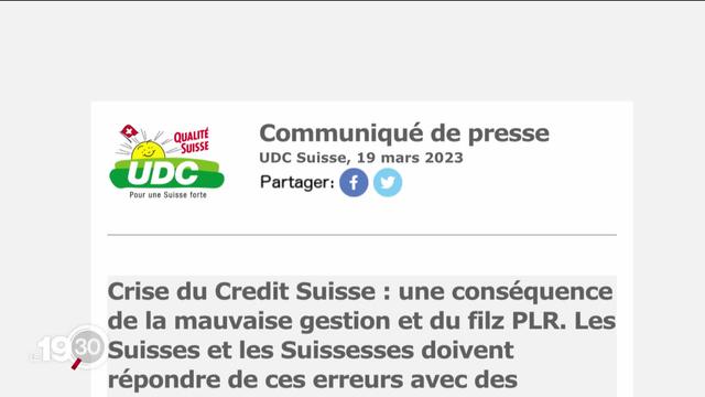 PLR et UDC se rejettent mutuellement la responsabilité de la débâcle de Crédit Suisse